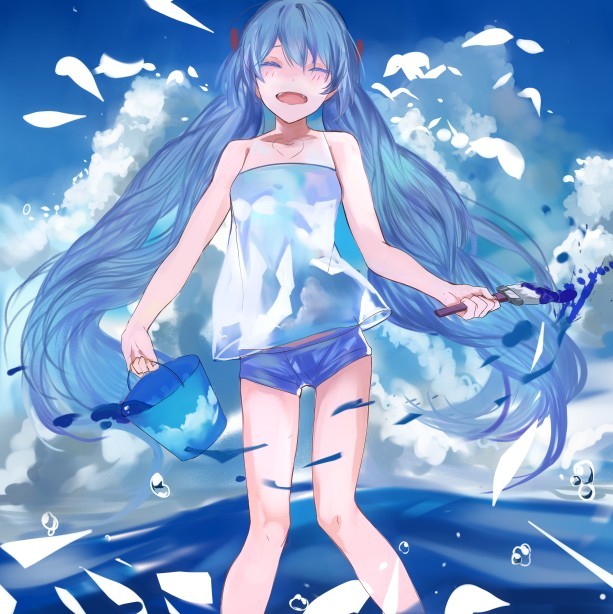bad_id bad_pixiv_id blue_hair bucket cloud day hatsune_miku long_hair paint paint_can paintbrush ran_(pixiv2957827) short_shorts shorts sky solo trim_brush twintails vocaloid water