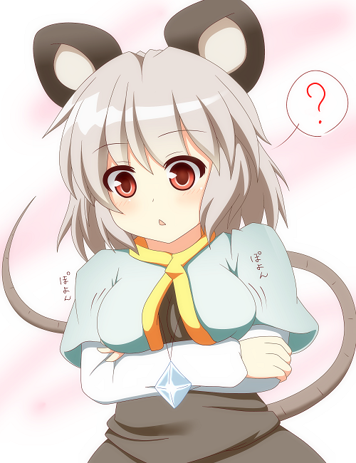 ? animal_ears bad_id bad_pixiv_id blush breasts crossed_arms gem grey_hair hajime_(ak-r) jewelry long_sleeves medium_breasts mouse_ears mouse_tail nazrin necklace open_mouth pendant red_eyes short_hair solo tail touhou