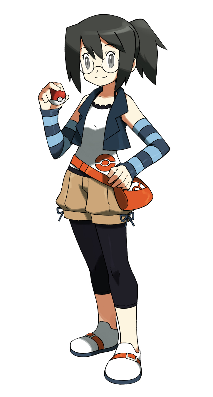 artist_self-insert bad_id bad_pixiv_id bare_shoulders belt belt_pouch black_eyes black_hair detached_sleeves fictional_persona glasses hand_on_hip highres kei-chan_(atlas_kei) leggings looking_at_viewer pixiv_trainer pocket poke_ball pokemon pouch short_ponytail shorts simple_background smile solo standing striped white_background