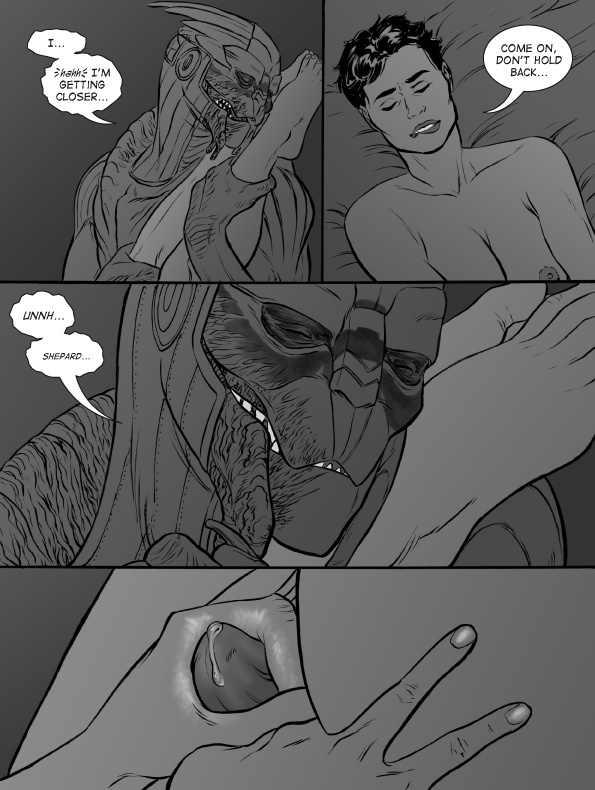 blush breasts comic commander_shepard duo english_text female from_behind frottage garrus_vakarian greyscale handjob human interspecies male mammal mass_effect monochrome nude penis precum reginaprimata rubbing sex source_request straight text thigh_sex turian vaginal