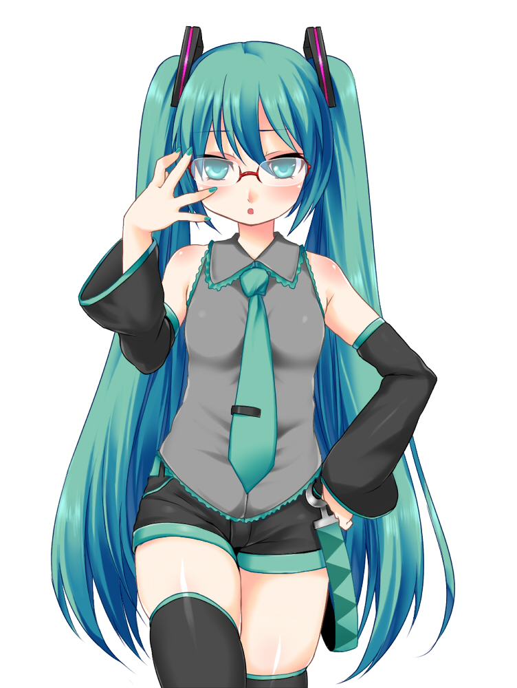 bad_id bad_pixiv_id bespectacled blush detached_sleeves glasses green_eyes green_hair hand_on_hip hatsune_miku hikataso long_hair necktie shorts simple_background solo thighhighs twintails very_long_hair vocaloid white_background