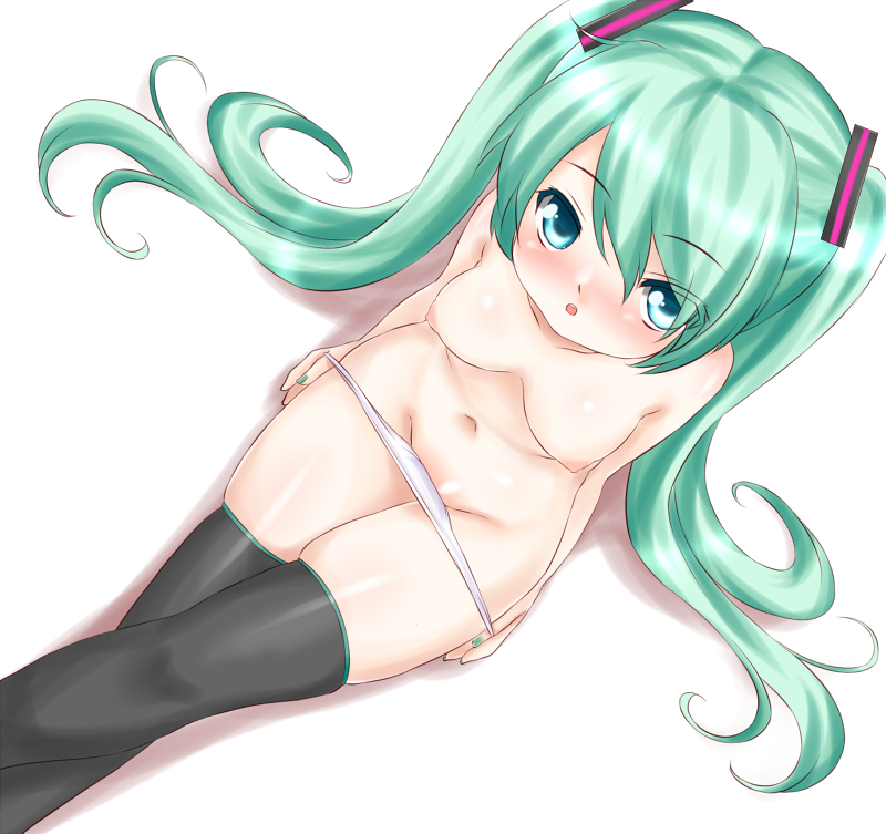 bad_id bad_pixiv_id breasts crossed_legs from_above green_eyes green_hair groin hatsune_miku hikataso long_hair medium_breasts navel panties panty_pull simple_background sitting solo thighhighs twintails underwear very_long_hair vocaloid white_background