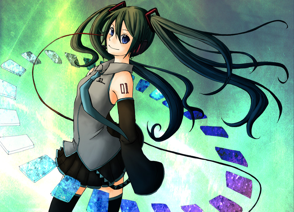 bad_id bad_pixiv_id blue_eyes colorized detached_sleeves green_hair hatsune_miku long_hair necktie skirt sleeves_past_wrists smile solo thighhighs twintails very_long_hair vocaloid yudukis