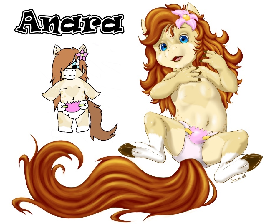 anara belly blue_eyes cub diaper equine female fingers flower hooves horse navel oniei open_mouth plain_background pony toddler white_background young