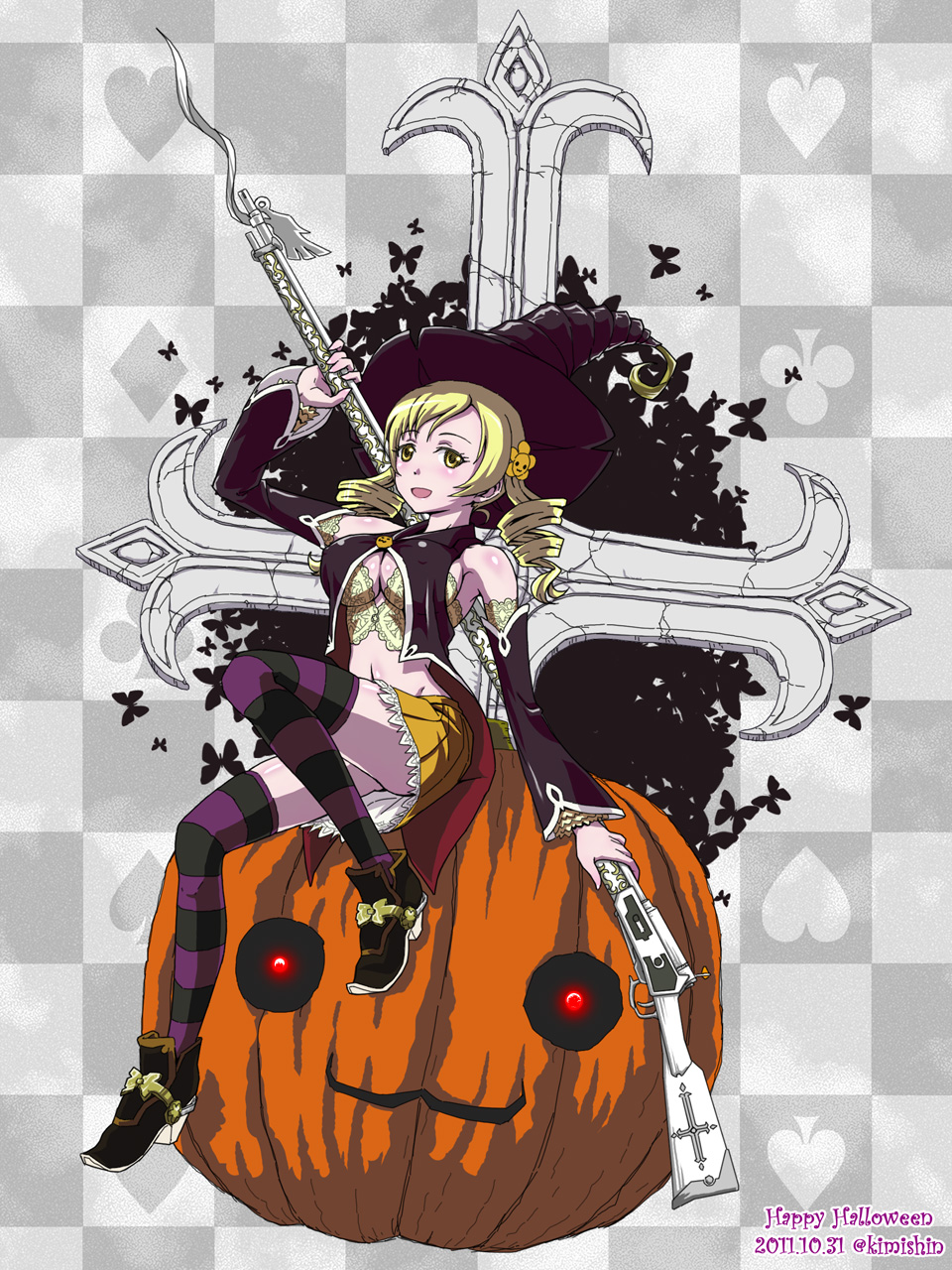 2011 :3 blonde_hair blush body_blush breasts checkered checkered_background dated gun halloween happy_halloween hat highres jack-o'-lantern kimishin large_breasts long_hair magical_musket mahou_shoujo_madoka_magica smile solo tomoe_mami watermark weapon witch_hat yellow_eyes
