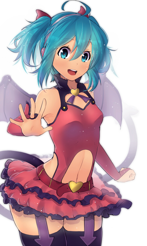ahoge alternate_hair_length alternate_hairstyle aqua_eyes aqua_hair bare_shoulders bat_wings belt black_legwear bow breasts bridal_gauntlets demon_tail frilled_skirt frills hair_bow hatsune_miku headphones heart_hunter_(module) magister_(medical_whiskey) miniskirt navel_cutout project_diva project_diva_(series) short_twintails skirt small_breasts smile solo tail thighhighs twintails vocaloid wide_hips wings