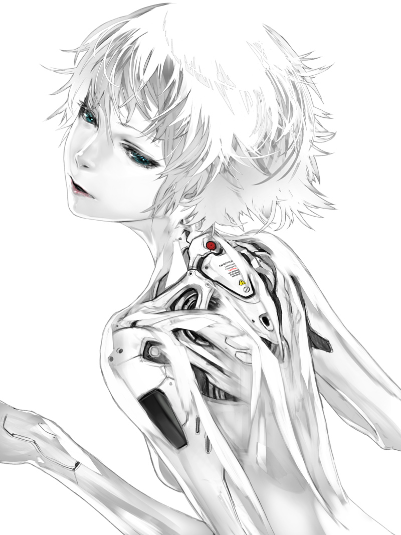 android aqua_eyes beatless breasts character_request greyscale jitome lips looking_back monochrome parted_lips redjuice see-through small_breasts solo spot_color white_background white_hair