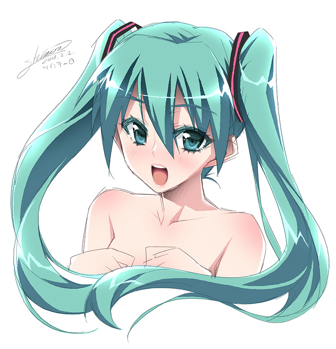 2013 dated green_eyes green_hair hatsune_miku long_hair open_mouth signature simple_background solo tomomimi_shimon twintails twintails_day upper_body vocaloid white_background