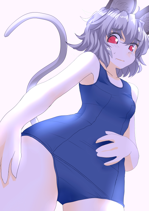 animal_ears grey_hair ishikkoro mouse_ears mouse_tail nazrin one-piece_swimsuit red_eyes school_swimsuit short_hair solo sweatdrop swimsuit tail touhou
