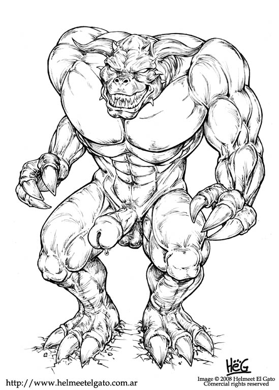 abs anthro balls biceps big_penis claws erection fangs grin helmeet_el_gato horn leaking male monster muscles nude pecs penis pose precum scales solo standing toe_claws vein