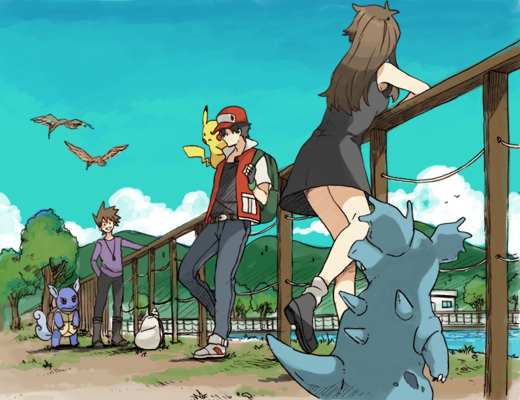 2boys bare_legs black_hair blue_(pokemon) fingerless_gloves gen_1_pokemon gloves hiyokko_ep multiple_boys nidorina ookido_green perspective pikachu pokemon pokemon_(creature) pokemon_(game) pokemon_rgby red_(pokemon) red_(pokemon_rgby) river tree wartortle