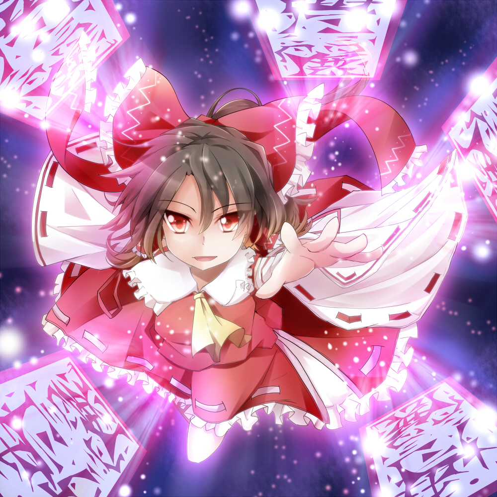 aiming_at_viewer ascot aura bow brown_hair detached_sleeves flying foreshortening hair_bow hair_tubes hakurei_reimu hiro_(pqtks113) light_particles looking_at_viewer motion_blur ofuda open_hand outstretched_arm reaching red_eyes short_hair skirt sky solo star_(sky) starry_sky touhou vest wide_sleeves