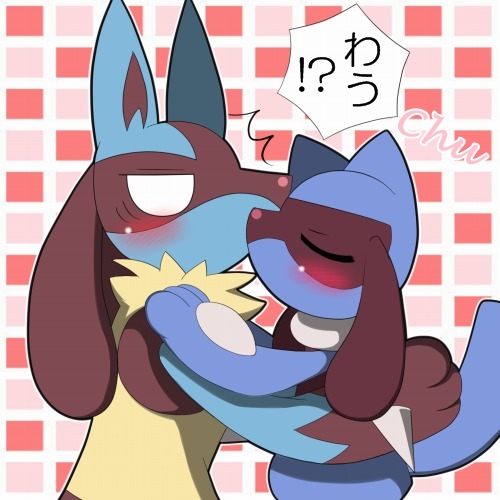 ? ahirulion ambiguous_gender anime blush canine cute duo english_text eyes_closed fur holding hug jackal japanese_text kissing lucario mammal nintendo pattern_background pointy_ears pok&#233;mon pok&eacute;mon raised_arm raised_armpokemon riolu shiny shocked size_difference standing text video_games white_eyes young