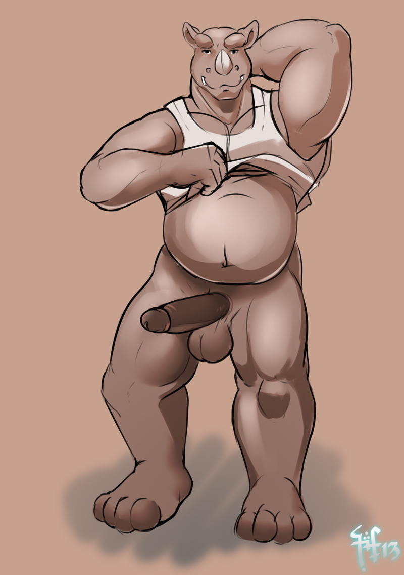 anthro balls biceps big_muscles bottomless chubby clothed clothing erection half-dressed horrorbuns looking_at_viewer male mammal muscles pecs penis rhinoceros shirt solo tank_top