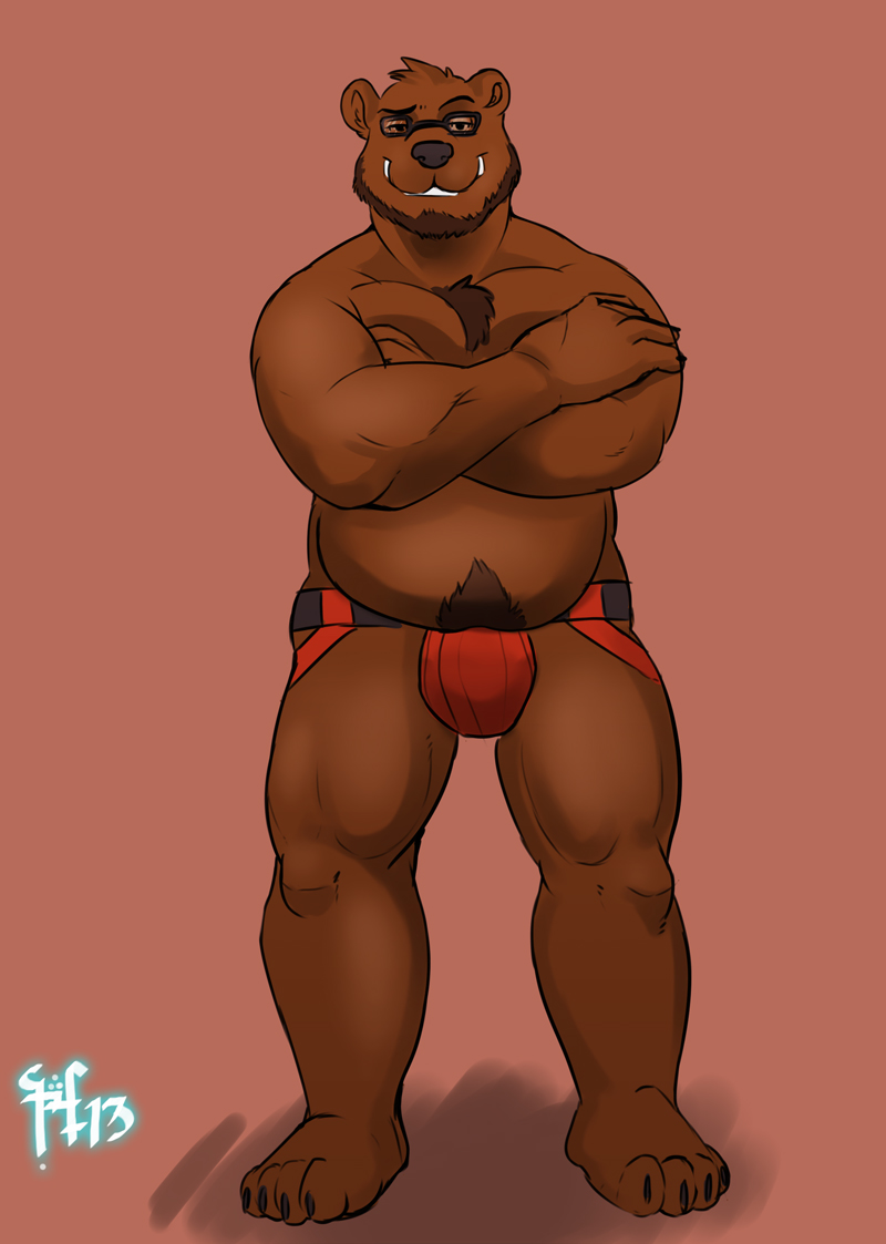bear biceps big_muscles body_hair bulge chest_hair chesthair chubby eyewear fur glasses grizzly_bear horrorbuns jockstrap looking_at_viewer male mammal muscles solo underwear
