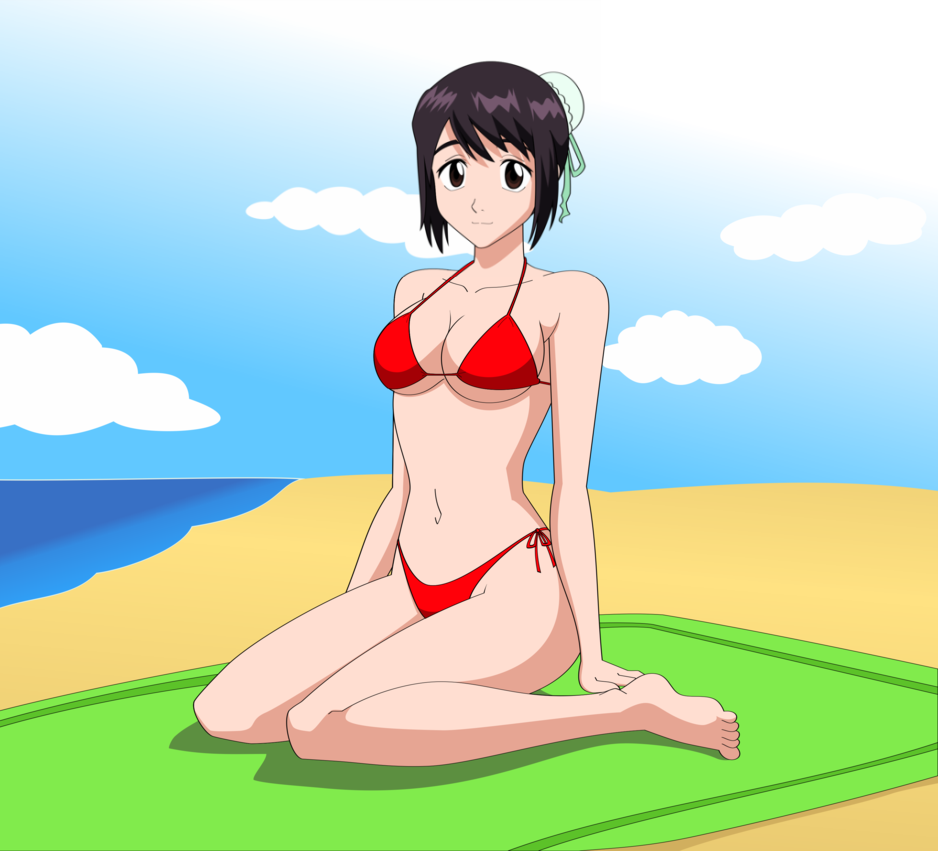 beach bikini black_hair bleach breasts hair_bun hinamori_momo swimsuit vogoshinki