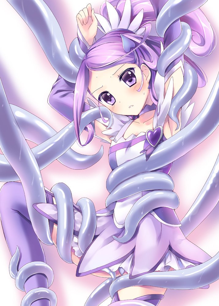 armpits arms_up bad_id bad_pixiv_id bdsm bondage boots bound choker cure_sword dokidoki!_precure hair_ornament hairpin kenzaki_makoto magical_girl oimo ponytail precure purple purple_choker purple_eyes purple_footwear purple_hair purple_legwear purple_skirt short_hair skirt solo spade_(shape) spade_hair_ornament sweat tentacles tentacles_under_clothes thigh_boots thighhighs