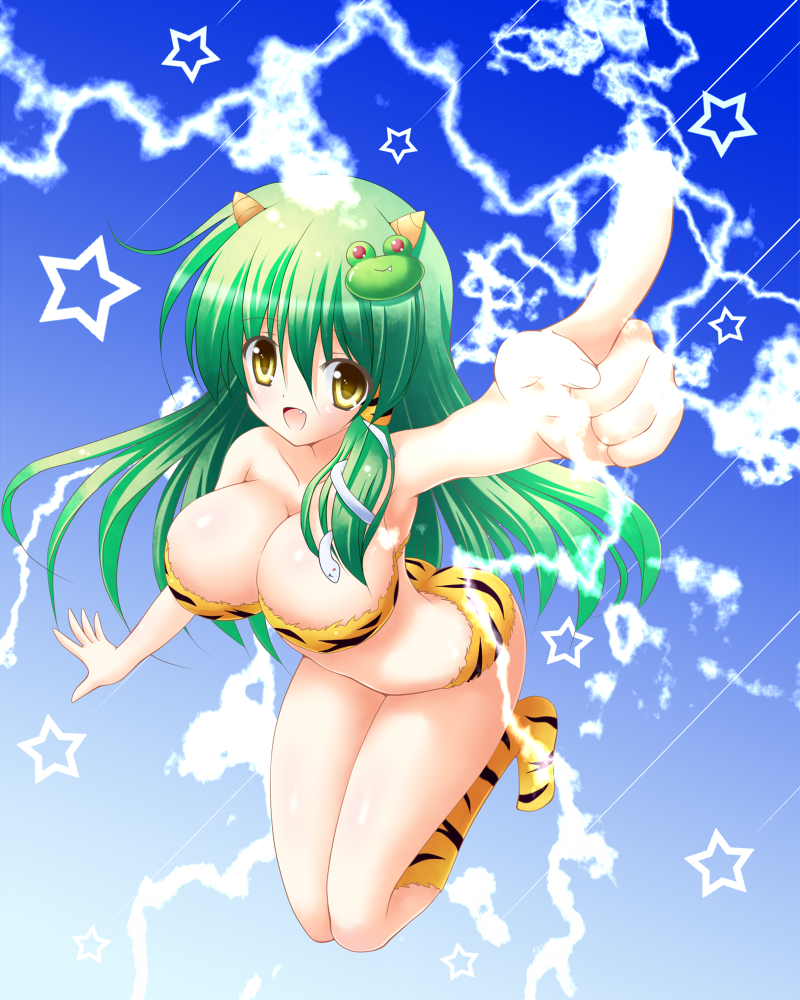 animal_print bandeau bare_shoulders bikini boots breasts cleavage cosplay electricity fang foreshortening frog_hair_ornament green_hair hair_ornament horns impossible_clothes kochiya_sanae large_breasts long_hair lum lum_(cosplay) no_nose oni open_mouth osashin_(osada) pointing shiny shiny_skin snake snake_hair_ornament solo star swimsuit tiger_print touhou urusei_yatsura yellow_eyes