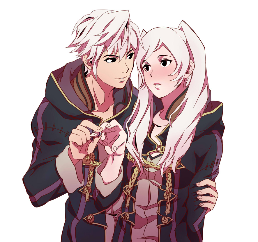 1girl blush dual_persona female_my_unit_(fire_emblem:_kakusei) fire_emblem fire_emblem:_kakusei jewelry kyuresuke male_my_unit_(fire_emblem:_kakusei) my_unit_(fire_emblem:_kakusei) pink_hair proposal putting_on_jewelry ring robe selfcest simple_background smile white_background