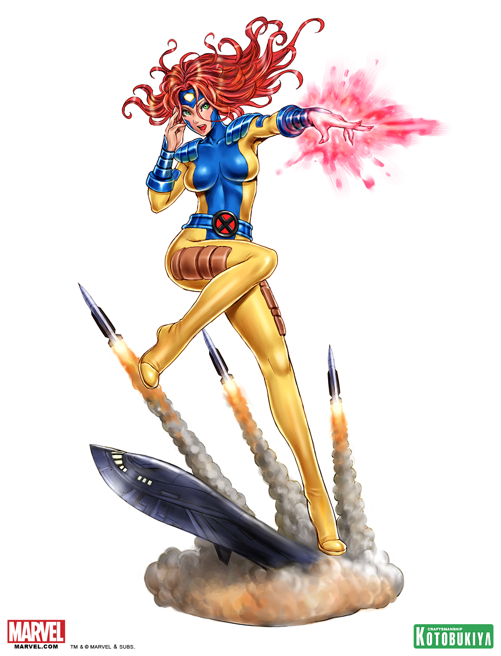 1girl airplane armor belt belt_buckle blush bodysuit breasts breasts_apart fighting_stance fingernails fire floating_hair full_body glowing green_eyes hand_on_own_face highres jean_grey jet large_breasts leg_lift lipstick long_fingernails long_hair looking_at_viewer makeup marvel missile open_mouth outstretched_arm pauldrons red_hair shiny shiny_clothes simple_background smoke solo sr-71 superhero telekinesis vambraces watermark wavy_hair weapon white_background x-men yamashita_shun'ya yamashita_shun'ya