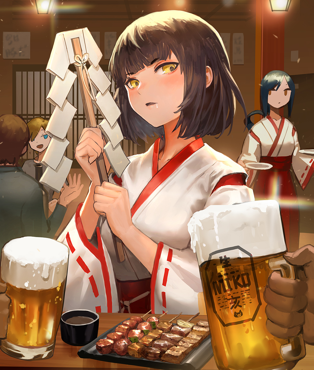 2boys 2girls alcohol bangs beer beer_mug black_hair blue_eyes blue_hair blunt_bangs blush bob_cut brown_eyes brown_hair ceiling_light commentary_request cup danann drooling drunk eyebrows_visible_through_hair food froth gohei hakama hands head_tilt holding indoors japanese_clothes kimono long_sleeves looking_at_viewer meat miko multiple_boys multiple_girls original plate pov red_hakama revision ribbon-trimmed_sleeves ribbon_trim saliva shide short_hair skewer tray two-handed upper_body waitress white_kimono wide_sleeves yellow_eyes