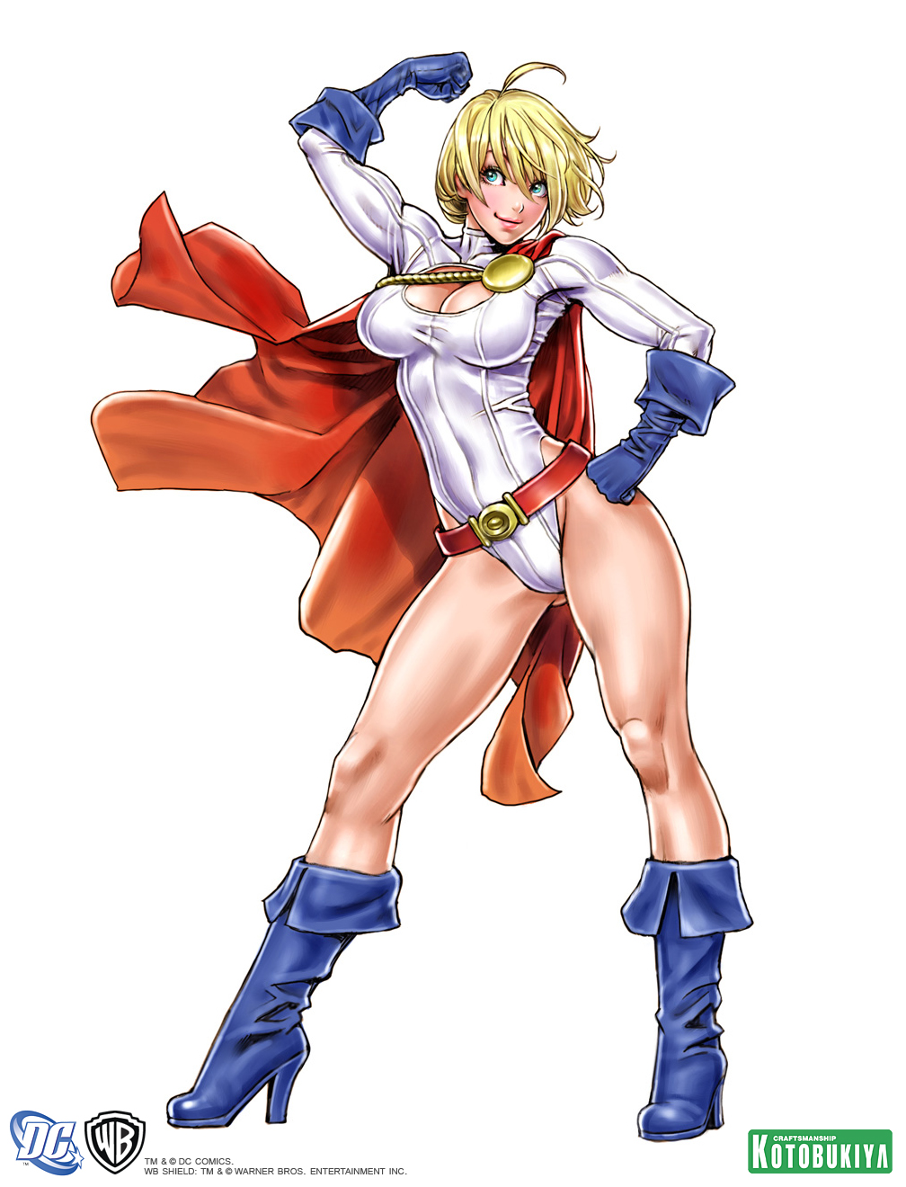 1girl ahoge belt blonde_hair blue_eyes blue_gloves blue_shoes boots breasts cape cleavage cleavage_cutout copyright_name dc_comics female full_body gloves hand_on_hip highres kryptonian large_breasts legs leotard official_art power_girl red_cape shirt shoes simple_background smile solo standing taut_clothes taut_shirt warner_bros. white_background yamashita_shun'ya yamashita_shun'ya