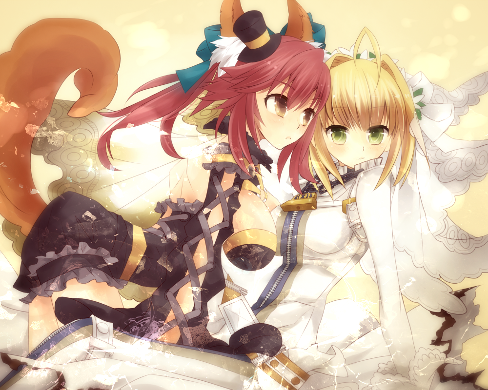 ahoge animal_ears blonde_hair bodysuit bow breasts detached_sleeves fate/extra fate/extra_ccc fate_(series) fox_ears fox_tail gloves green_eyes hair_bow hair_ribbon hat large_breasts lock long_hair mini_hat mini_top_hat multiple_girls nero_claudius_(bride)_(fate) nero_claudius_(fate)_(all) oluha padlock pink_hair ribbon tail tamamo_(fate)_(all) tamamo_no_mae_(fate) top_hat twintails veil white_bodysuit yellow_eyes