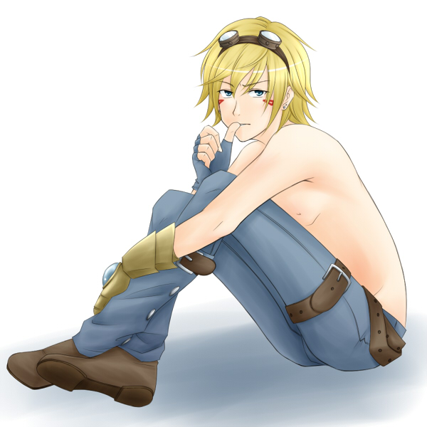 belt blonde_hair blue_eyes earrings ezreal facial_mark finger_to_mouth fingerless_gloves gloves goggles goggles_on_head jewelry league_of_legends male_focus pants setokaiya shirtless shoes sitting solo