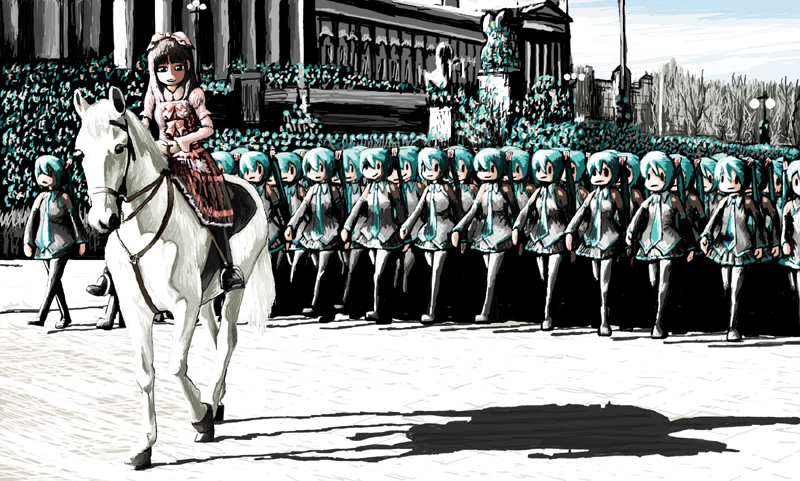 building commentary_request dress hatsune_miku horse long_hair monument multiple_girls parade real_life rxjx seiyuu shadow statue uesaka_sumire vocaloid white_horse