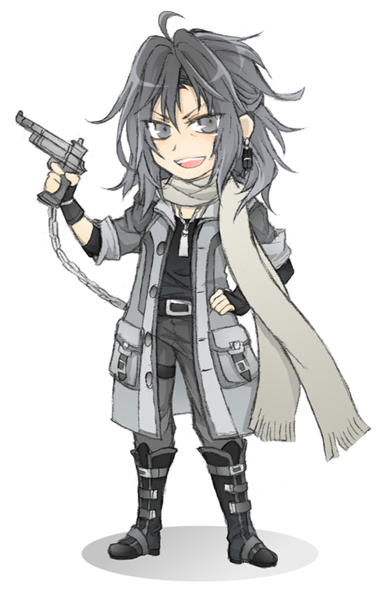 ahoge boots coat earrings final_fantasy final_fantasy_viii fingerless_gloves gloves grey_eyes grey_hair gun hand_on_hip jewelry looking_at_viewer machine_gun male_focus necklace open_mouth personification scarf shinzui_(fantasysky7) simple_background smile solo weapon white_background