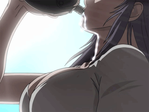 animated animated_gif asagiri_junko breasts cleavage desert_punk drinking large_breasts long_hair lowres purple_hair sky solo sunabouzu sunlight water