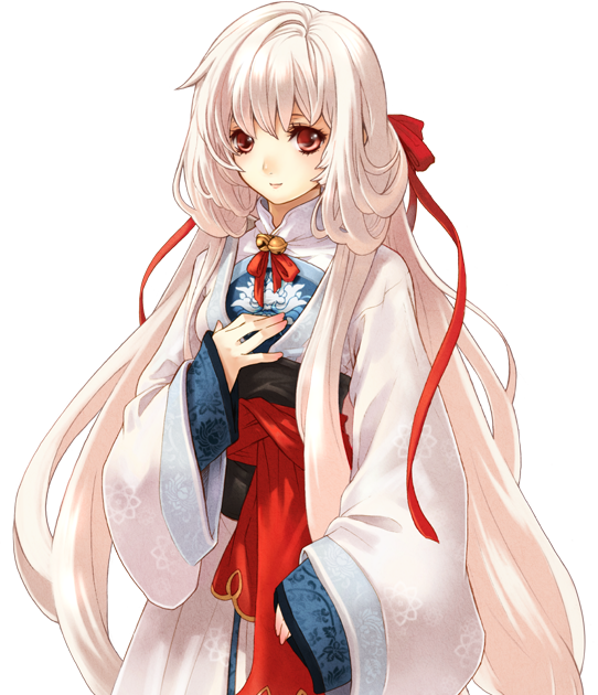 character_request copyright_request hair_ribbon japanese_clothes long_hair no_hat no_headwear rattle red_eyes ribbon sash silver_hair smile solo transparent_background
