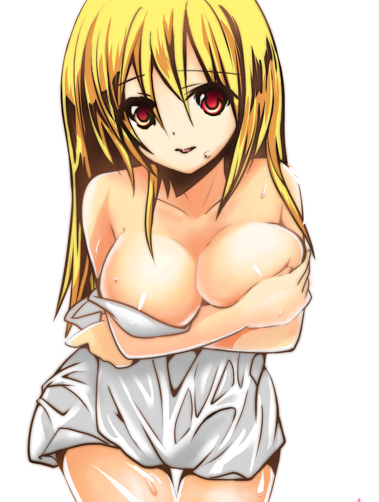 1girl bare_shoulders blonde_hair breast_hold breasts female large_breasts long_hair original red_eyes scarboroughfair simple_background solo standing thigh_gap white_background