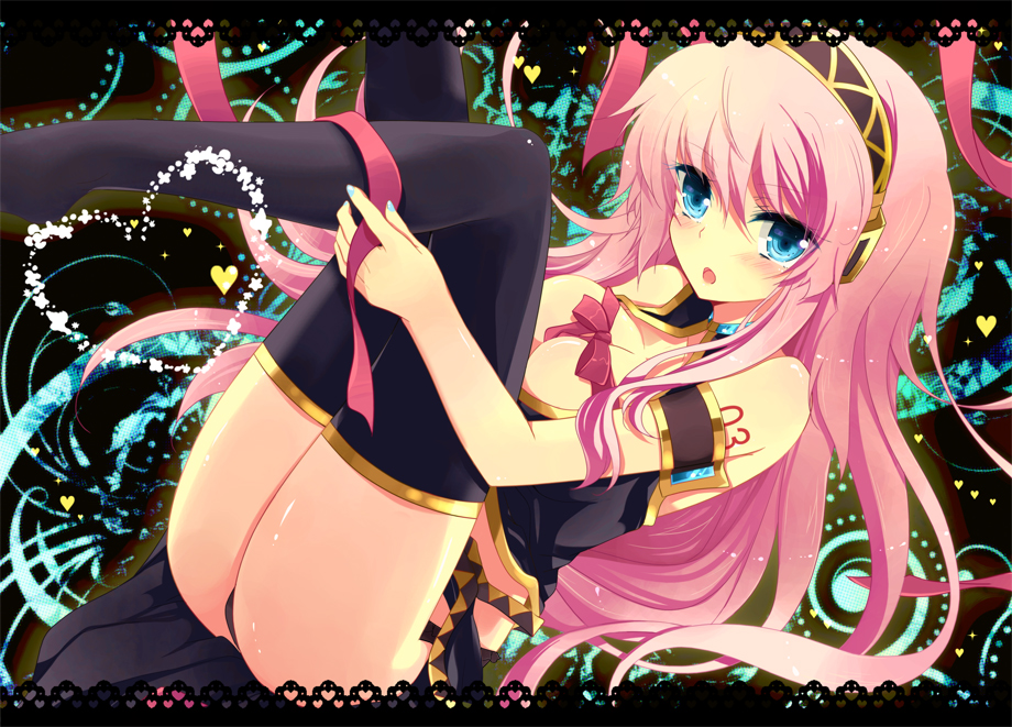 ass black_legwear black_panties blue_eyes blush bow breasts cleavage headset ichiyou_moka large_breasts legs_up letterboxed long_hair looking_at_viewer lying megurine_luka on_back open_mouth panties pantyshot pantyshot_(lying) pink_hair ribbon shirt skirt solo thighhighs underwear very_long_hair vocaloid
