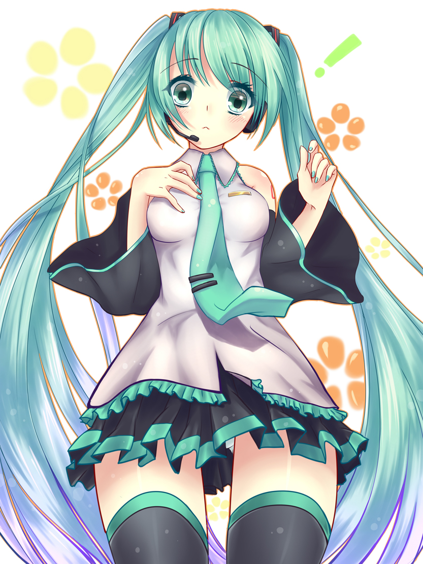 :&lt; aki663 detached_sleeves green_eyes green_hair hand_on_own_chest hatsune_miku headset long_hair necktie panties skirt solo thighhighs twintails underwear very_long_hair vocaloid