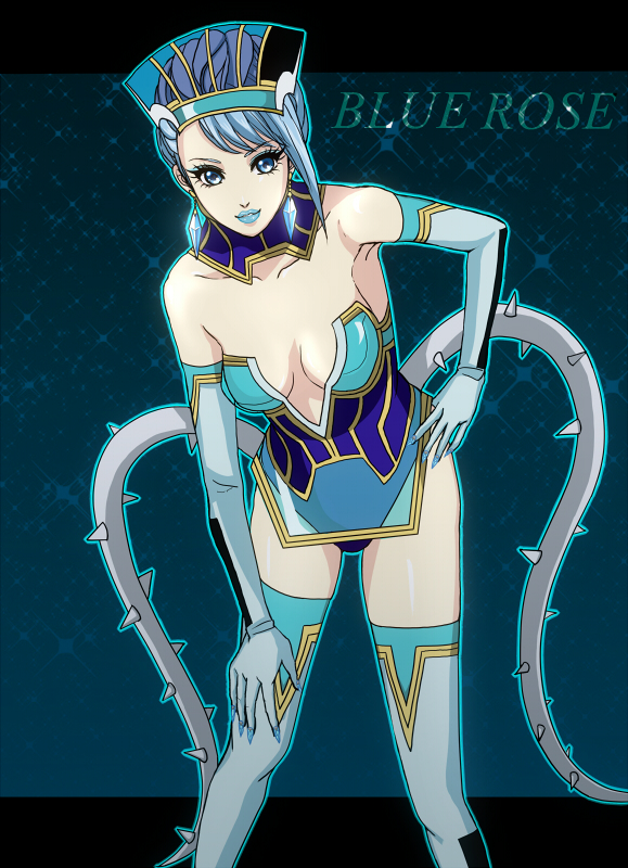 bare_shoulders blue_eyes blue_hair blue_rose_(tiger_&amp;_bunny) boots breasts character_name cleavage crystal_earrings earrings elbow_gloves fingernails gloves jewelry karina_lyle lipstick makeup medium_breasts short_hair solo superhero thigh_boots thighhighs tiger_&amp;_bunny yuko_(y_yuko)