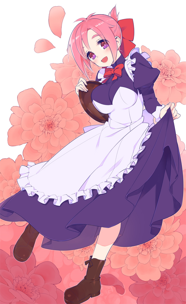 :d amatsuka_megumi_(gj-bu) apron blush boots breasts flower folded_ponytail gj-bu large_breasts long_sleeves lunch_(lunch3) maid open_mouth petals pink_eyes pink_hair puffy_sleeves short_hair smile solo tray