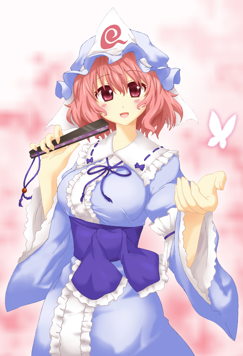 breasts bug butterfly closed_fan fan folding_fan hat highres insect japanese_clothes large_breasts obi open_mouth pink_eyes pink_hair ribbon saigyouji_yuyuko sash short_hair smile touhou triangular_headpiece wide_sleeves