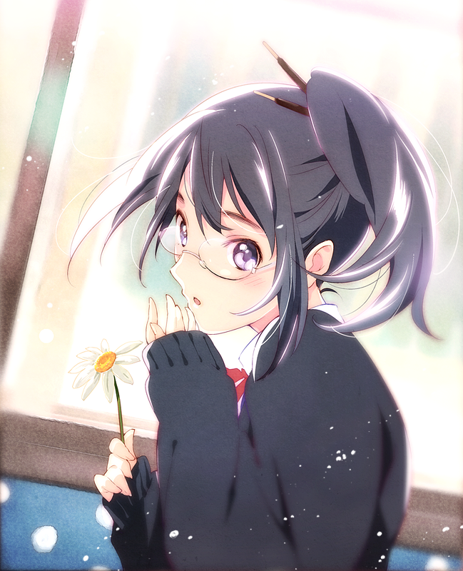 asagiri_shiori black_hair blue_eyes blush cardigan food glasses hair_ornament open_mouth pocky riyo_(riyontoko) school_uniform short_hair side_ponytail solo tamako_market