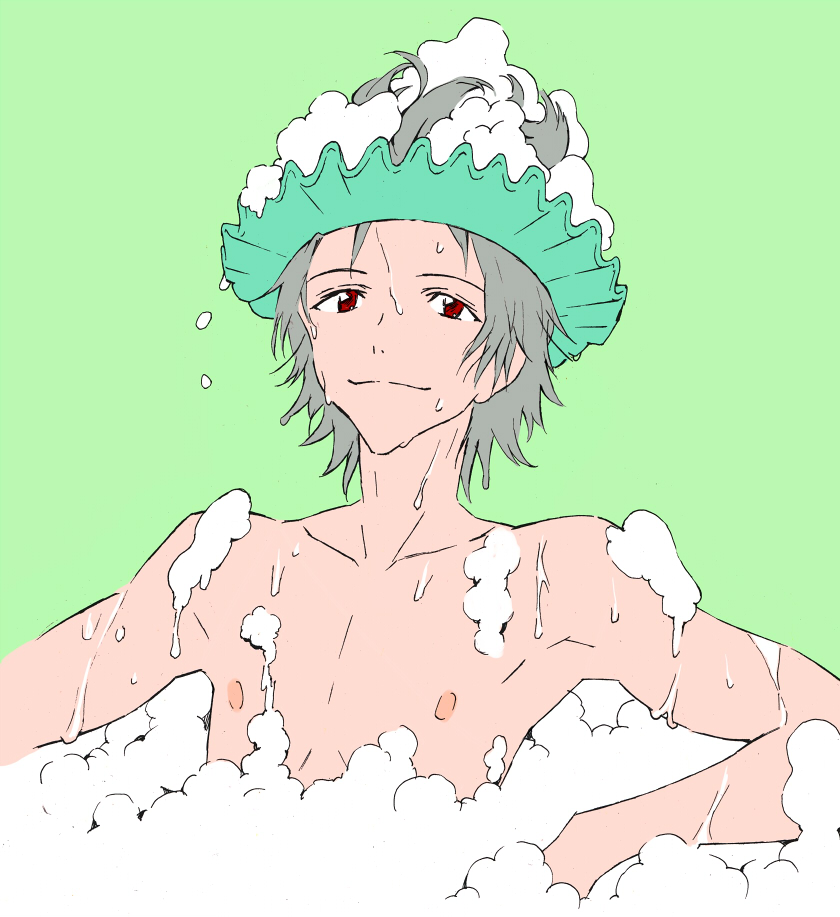 arm_support armpits bath bathing bubble_bath chocolate_sable green_background grey_hair hair_up light_smile looking_at_viewer male_focus nagisa_kaworu neon_genesis_evangelion nipples nude partially_submerged red_eyes shampoo shampoo_hat simple_background sitting smile soap_bubbles solo upper_body wet