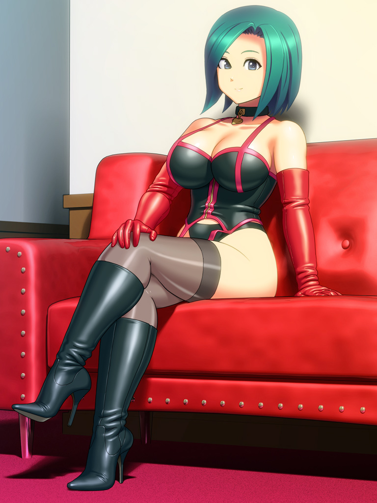 bare_shoulders boots breasts cleavage copyright_request corset dominatrix enkaboots gloves green_hair large_breasts leather short_hair solo thighhighs