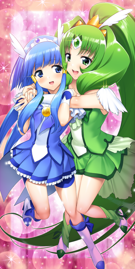 aoki_reika bike_shorts blue_eyes blue_hair blue_skirt boots brooch cure_beauty cure_march full_body green_eyes green_hair green_skirt hair_tubes head_wings hug hug_from_behind jewelry knee_boots long_hair magical_girl midorikawa_nao multiple_girls pink_background precure shoes shorts shorts_under_skirt sidelocks skirt smile smile_precure! suzume_inui tiara tri_tails