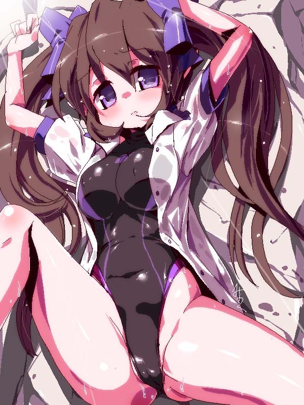 breasts brown_hair competition_swimsuit hat himekaidou_hatate long_hair lying medium_breasts miuku_(marine_sapphire) one-piece_swimsuit purple_eyes shirt short_sleeves solo swimsuit swimsuit_under_clothes tokin_hat touhou twintails wet wet_clothes wet_shirt