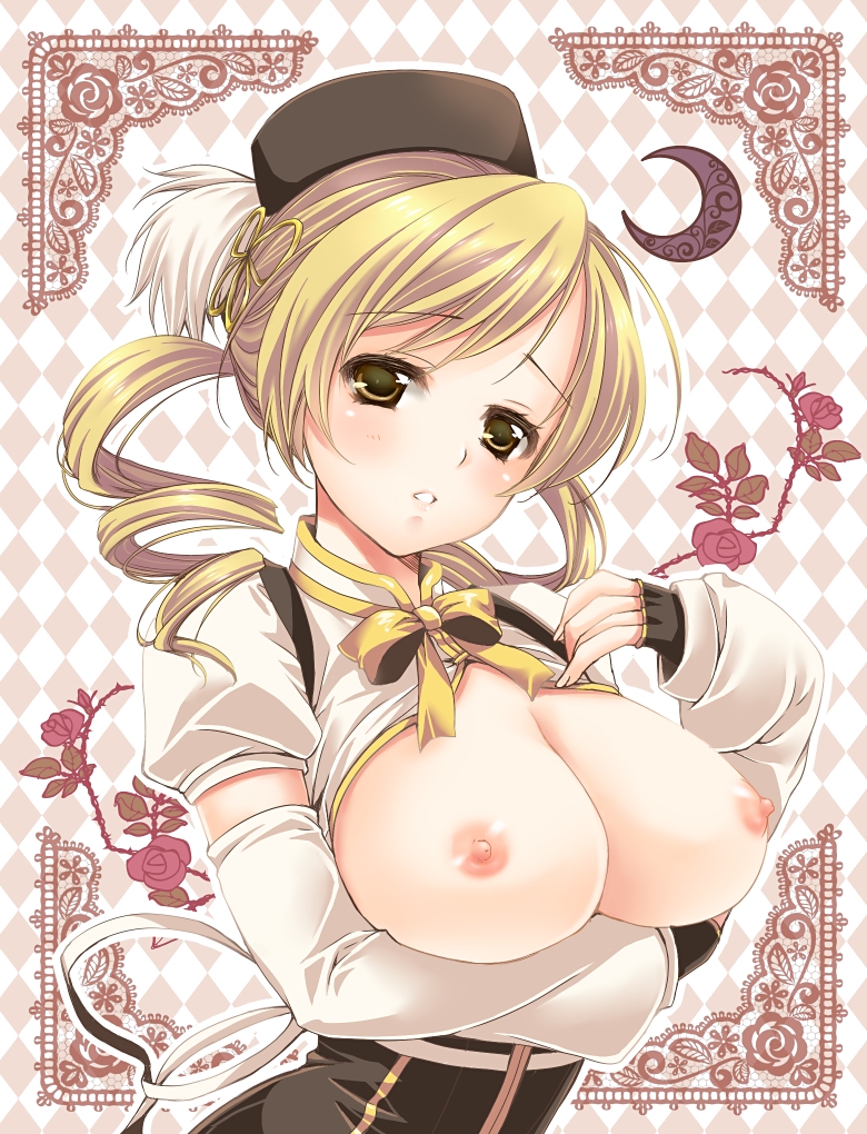 blonde_hair blush breasts detached_sleeves drill_hair fingerless_gloves gloves hair_ornament hair_ribbon hat large_breasts len_togarti long_hair looking_at_viewer mahou_shoujo_madoka_magica nipples no_bra open_clothes open_shirt ribbon shirt solo tomoe_mami twin_drills twintails upper_body yellow_eyes