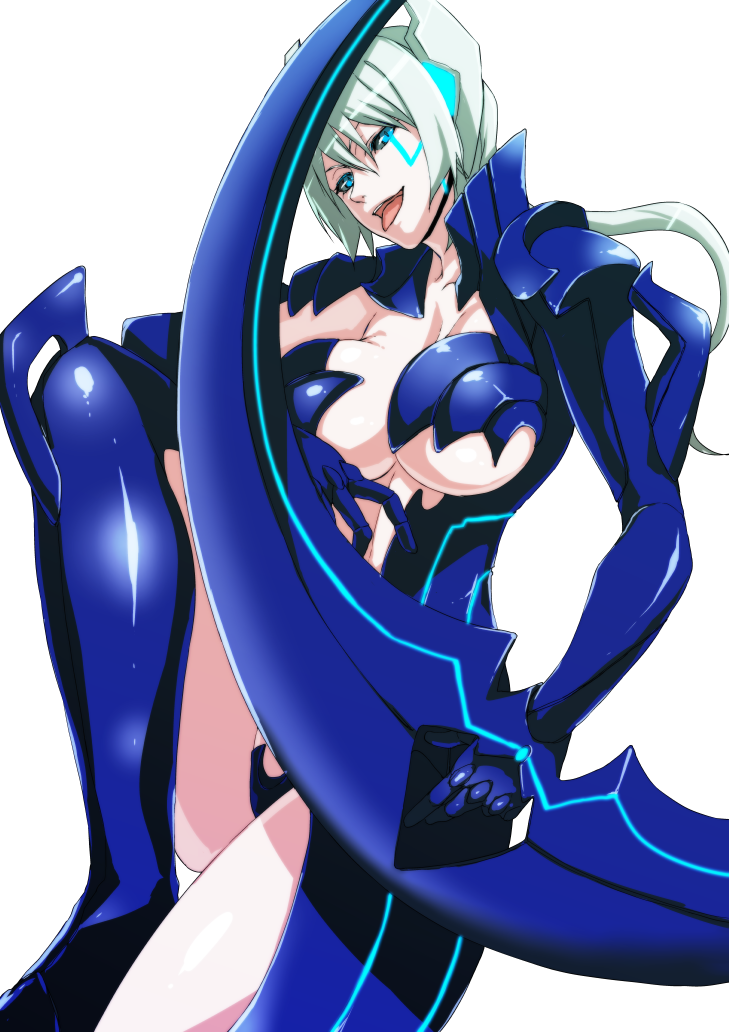 aqua_hair blade blue_eyes breasts large_breasts s_tanly soho_reina solo tongue tongue_out tsuzuki_shiori witchblade