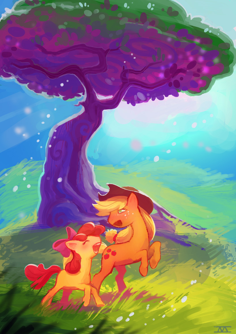 apple_bloom_(mlp) applejack_(mlp) blonde_hair cmaggot cowboy_hat cub cutie_mark duo equine female feral freckles friendship_is_magic green_eyes hair hat horse mammal my_little_pony open_mouth outside pony red_hair sibling sisters tree young
