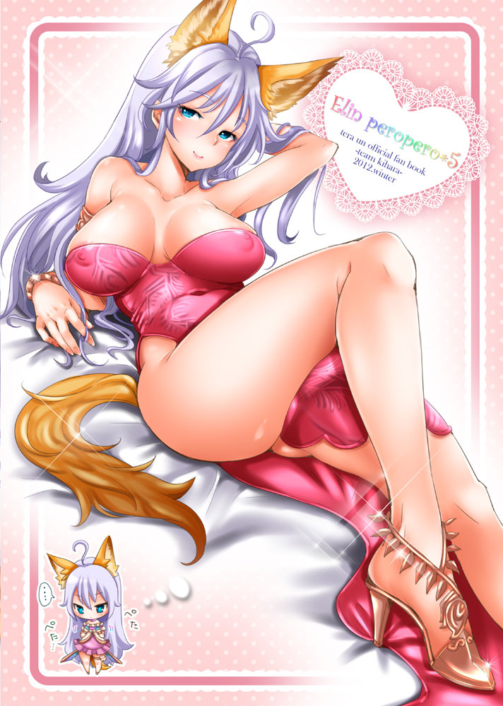 ahoge animal_ears arm_support arm_up back_cover bare_legs blue_eyes bracelet breast_envy breasts breasts_apart cover covered_nipples curvy elin_(tera) high_heels imagining jewelry large_breasts lavender_hair legs looking_at_viewer mojarin_(kihara_mojarin) older pose shoes sitting smile solo tail tera_online
