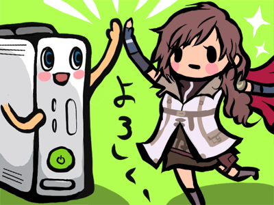 chibi final_fantasy final_fantasy_xiii game_console high_five lightning_farron lowres miniskirt skirt xbox_360