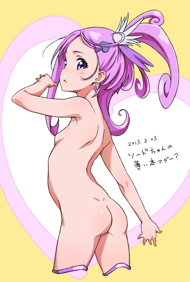arched_back ass bad_id bad_pixiv_id cropped_legs cure_sword dated dimples_of_venus dokidoki!_precure earrings hair_ornament hairclip heart jewelry kenzaki_makoto looking_at_viewer magical_girl nude ponytail precure purple_eyes purple_hair saboten short_hair solo spade_hair_ornament