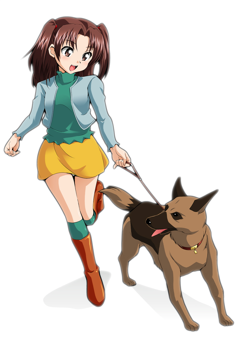 boots brown_eyes brown_hair collar copyright_request dog dog_walking german_shepherd leash leg_up looking_back looking_down open_mouth panties pinky_out running ryumage simple_background skirt smile thighhighs tongue tongue_out two_side_up underwear white_background